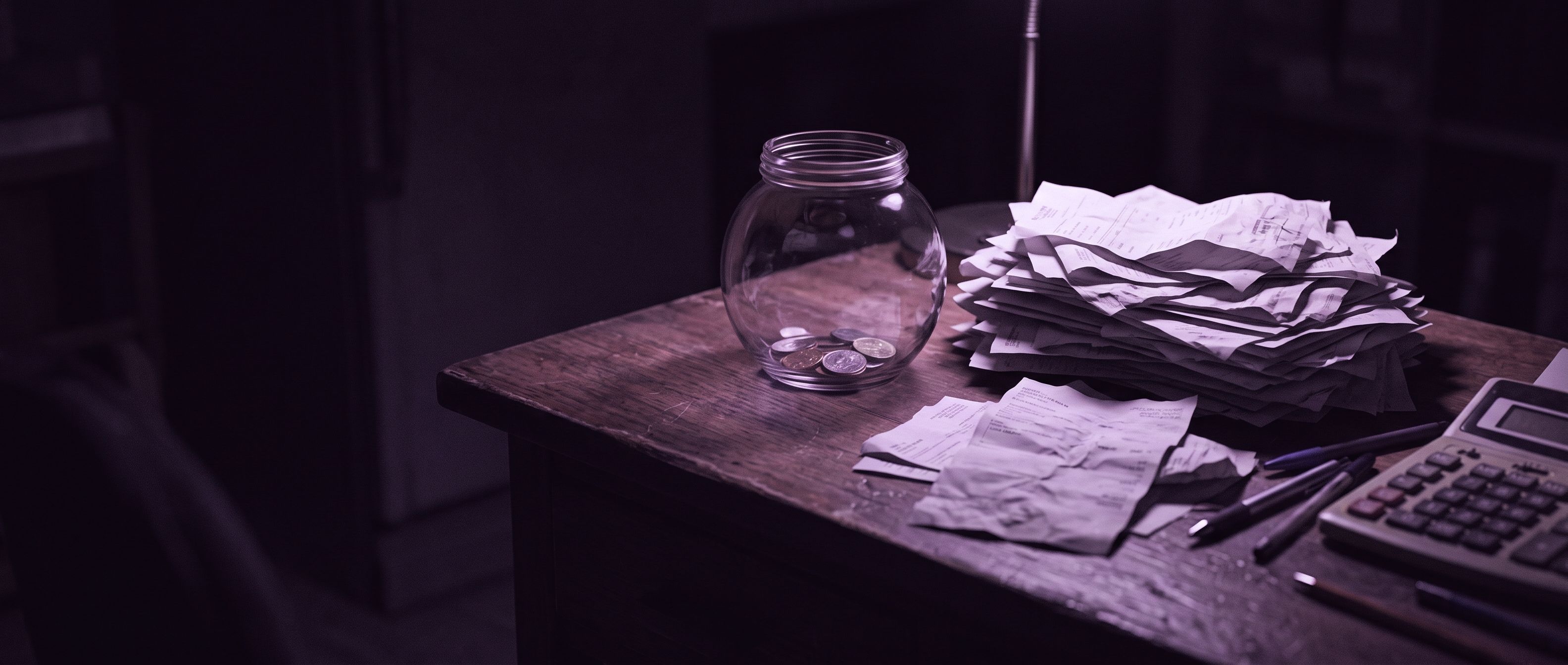Un frasco de vidrio con pocas monedas sobre un escritorio, junto a un montón de facturas y una calculadora.