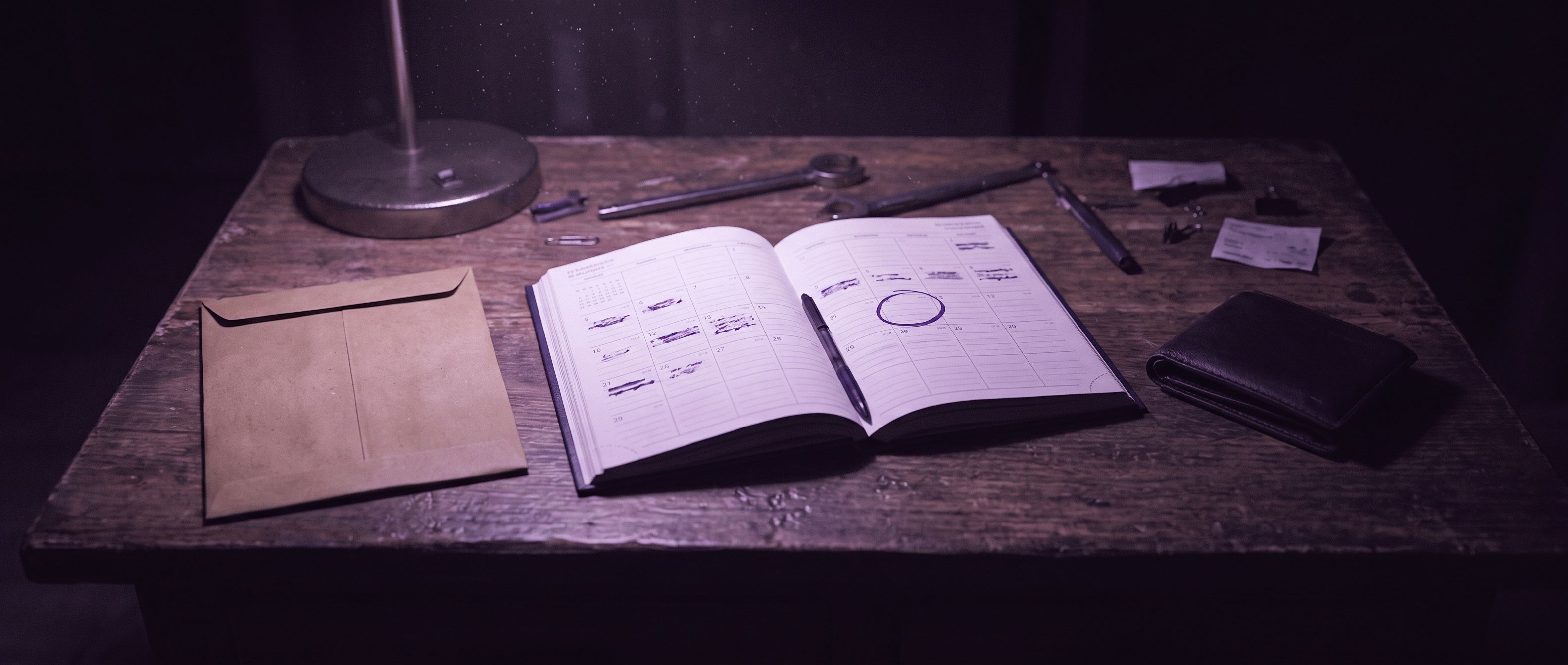 Un escritorio con un sobre de papel kraft, una agenda abierta con un día marcado y una billetera, cada cosa por su lado.