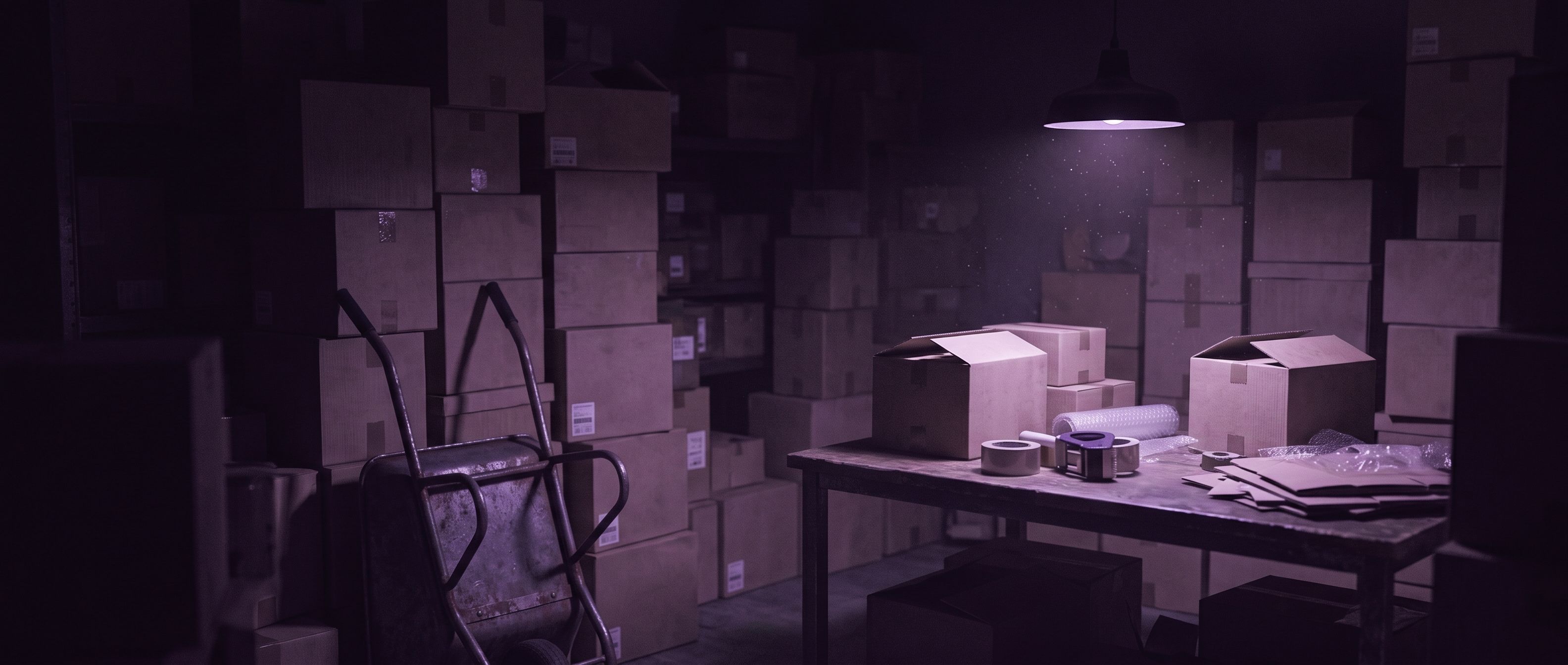 Una bodega de noche llena de cajas de envío apiladas, con una carretilla y una mesa de empaque.